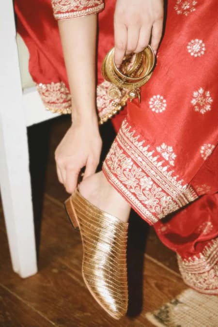 Gopi Vaid_Red Tussar, Organza Embroidery, Zari, Sequins Misha Floral Kurta Salwar Set _at_Aza_Fashions