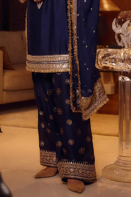 Shop_Gopi Vaid_Blue Tussar, Net Embroidery, Zari, Sequins Round Mahiz Floral Yoke Kurta Set _Online_at_Aza_Fashions