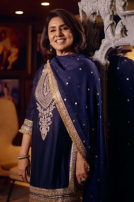 Gopi Vaid_Blue Tussar, Net Embroidery, Zari, Sequins Round Mahiz Floral Yoke Kurta Set _at_Aza_Fashions