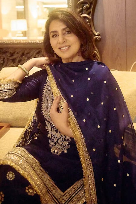 Buy_Gopi Vaid_Blue Tussar, Net Embroidery, Zari, Sequins Round Mahiz Floral Yoke Kurta Set 