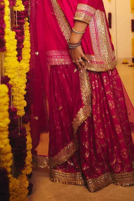 Buy_Gopi Vaid_Pink Tussar, Organza Embroidery, Metallic Shahida Work Kurta Sharara Set _Online_at_Aza_Fashions