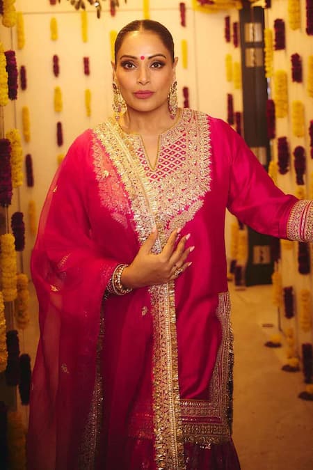 Gopi Vaid_Pink Tussar, Organza Embroidery, Metallic Shahida Work Kurta Sharara Set _at_Aza_Fashions