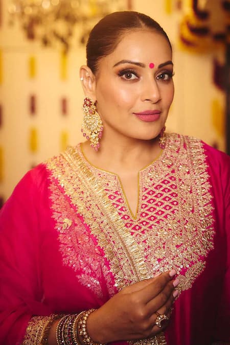 Buy_Gopi Vaid_Pink Tussar, Organza Embroidery, Metallic Shahida Work Kurta Sharara Set 