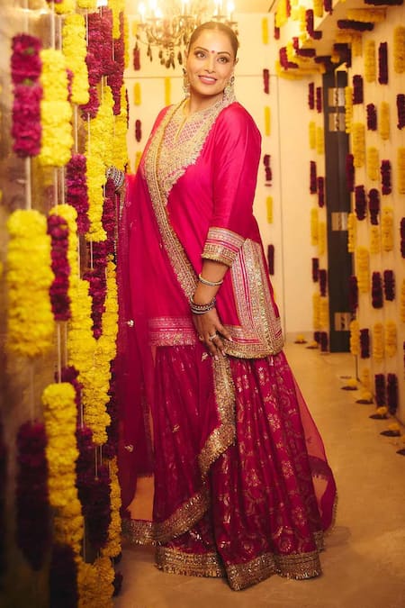 Shop_Gopi Vaid_Pink Tussar, Organza Embroidery, Metallic Shahida Work Kurta Sharara Set 