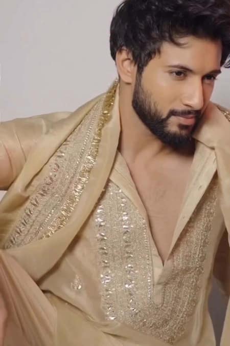 Buy_Gopi Vaid_Beige Tissue, Organza, Tussar, Silk Sequins, Embroidery Yoke Kurta Set _Online_at_Aza_Fashions