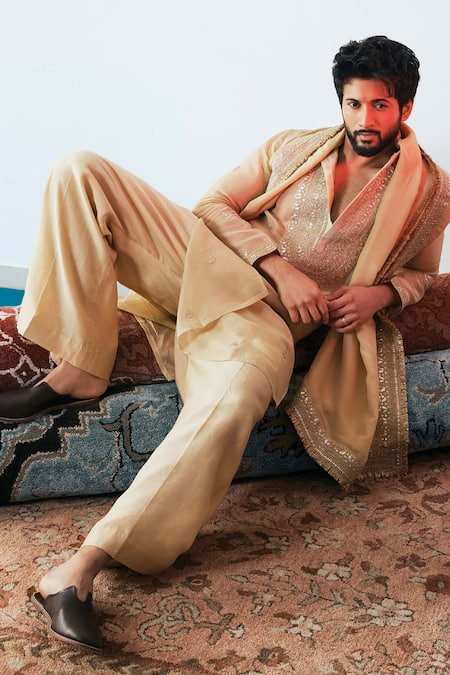 Gopi Vaid_Beige Tissue, Organza, Tussar, Silk Sequins, Embroidery Yoke Kurta Set _Online_at_Aza_Fashions