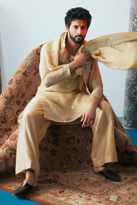 Shop_Gopi Vaid_Beige Tissue, Organza, Tussar, Silk Sequins, Embroidery Yoke Kurta Set _Online_at_Aza_Fashions