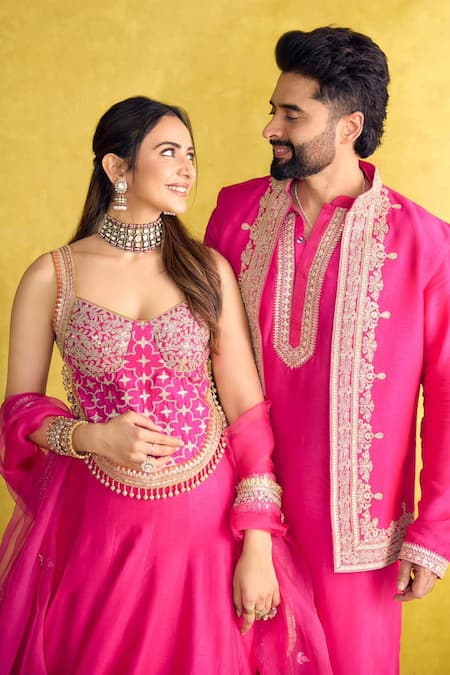 Buy_Gopi Vaid_Pink Tussar Embroidery, Metallic Thread Nasir Bundi And Kurta Set _Online_at_Aza_Fashions