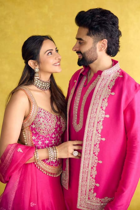 Shop_Gopi Vaid_Pink Tussar Embroidery, Metallic Thread Nasir Bundi And Kurta Set _Online_at_Aza_Fashions