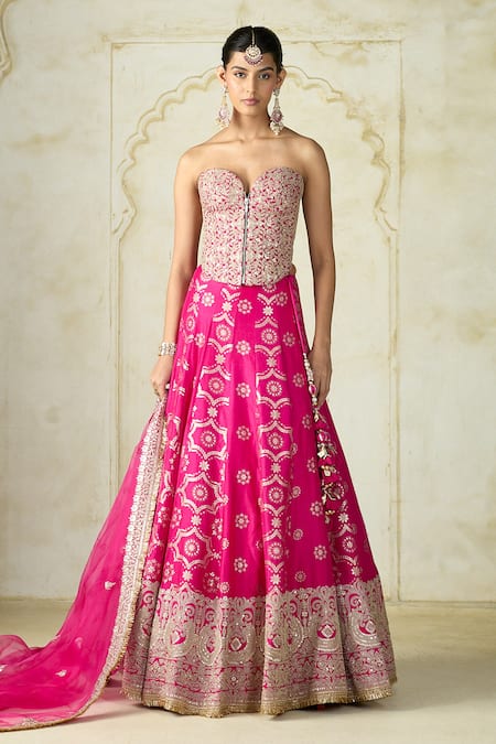 Gopi Vaid_Pink Tussar, Organza Embroidery, Zari, Tahira Embellished Blouse Lehenga Set _Online_at_Aza_Fashions