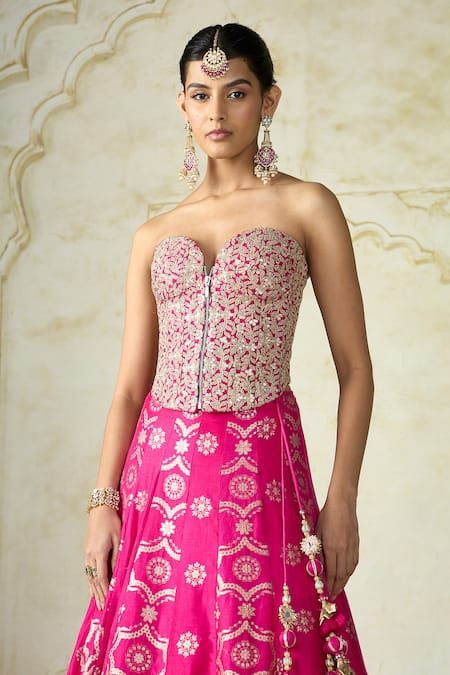 Buy_Gopi Vaid_Pink Tussar, Organza Embroidery, Zari, Tahira Embellished Blouse Lehenga Set _Online_at_Aza_Fashions