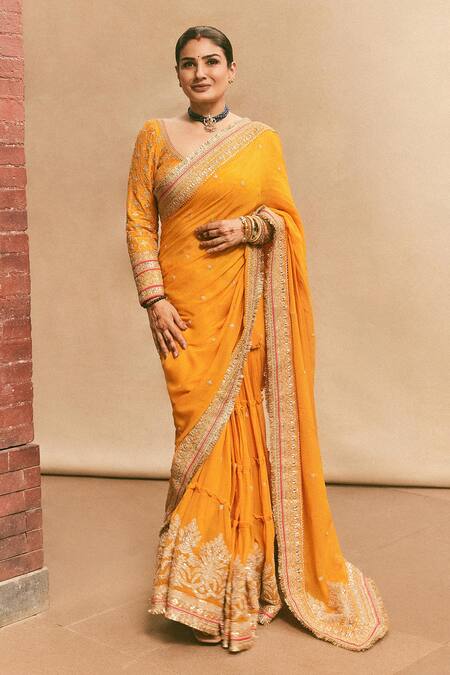 Shop_Gopi Vaid_Yellow Georgette, Tussar Embroidery, Zari Round Dilruba Dori Saree With Blouse 