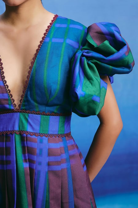 ZiP by Payal & Zinal Green Linen Beads V-neck Aqua Prism Sculpted Puff Sleeve Dress Online at Aza Fashions ZiP by Payal & Zinal_Green Linen Beads V-neck Aqua Prism Sculpted Puff Sleeve Dress _Online_at_Aza_Fashions