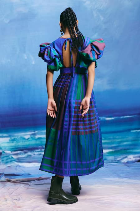 ZiP by Payal & Zinal Aqua Prism Sculpted Puff Sleeve Dress