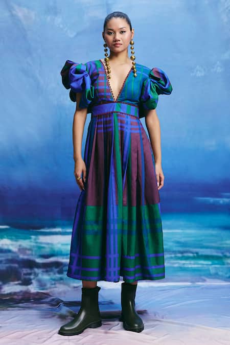 ZiP by Payal & Zinal Aqua Prism Sculpted Puff Sleeve Dress