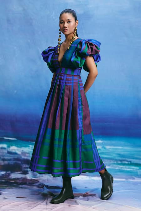 Shop ZiP by Payal & Zinal Green Linen Beads V-neck Aqua Prism Sculpted Puff Sleeve Dress Online at Aza Fashions Shop_ZiP by Payal & Zinal_Green Linen Beads V-neck Aqua Prism Sculpted Puff Sleeve Dress _Online_at_Aza_Fashions