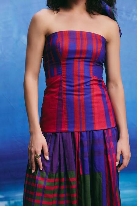 Shop ZiP by Payal & Zinal Multi Color Linen Bandeau Neck River Muse Striped Top And Skirt Co-ord Set Online at Aza Fashions Shop_ZiP by Payal & Zinal_Multi Color Linen Bandeau Neck River Muse Striped Top And Skirt Co-ord Set _Online_at_Aza_Fashions