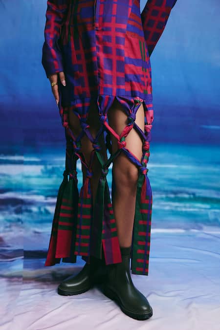 ZiP by Payal & Zinal_Multi Color Linen High Neck Drift Graphic Checks Shirt Dress _Online_at_Aza_Fashions