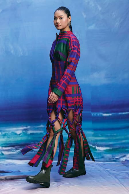 Shop_ZiP by Payal & Zinal_Multi Color Linen High Neck Drift Graphic Checks Shirt Dress _Online_at_Aza_Fashions