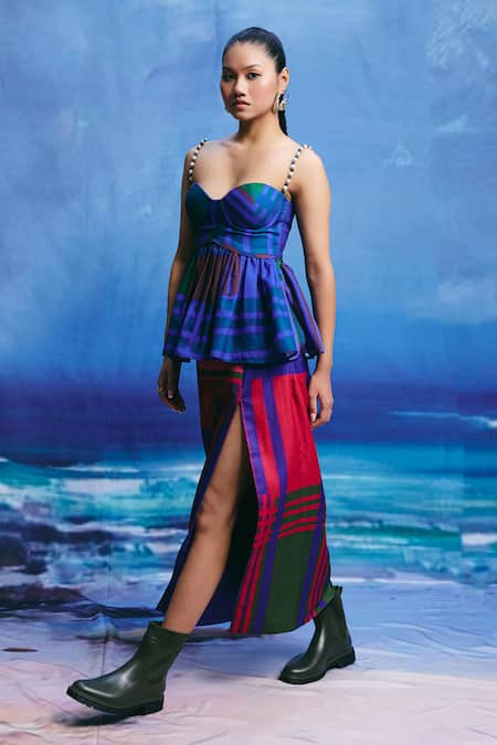 Buy_ZiP by Payal & Zinal_Multi Color Linen Beads Sweetheart Neck Ocean Kiss Peplum Corset _Online_at_Aza_Fashions