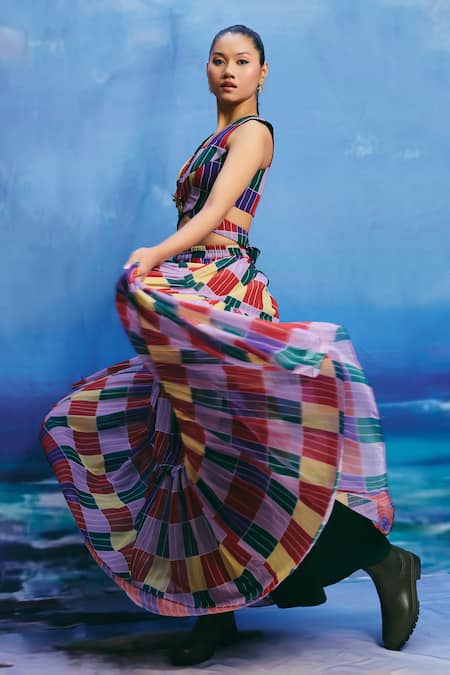 ZiP by Payal & Zinal_Multi Color Georgette Grove Kaleidoscopic Skirt _Online_at_Aza_Fashions