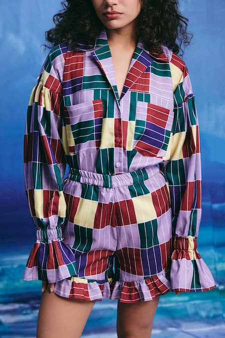 Shop_ZiP by Payal & Zinal_Multi Color Linen Patchwork Collared, V-neck Coral Checkered Shirt _Online_at_Aza_Fashions