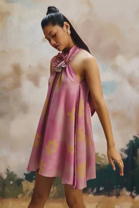 Buy_ZiP by Payal & Zinal_Pink Linen, Cotton Fabric Flowers Halter Neck Flora Breezy Mini Dress _Online_at_Aza_Fashions