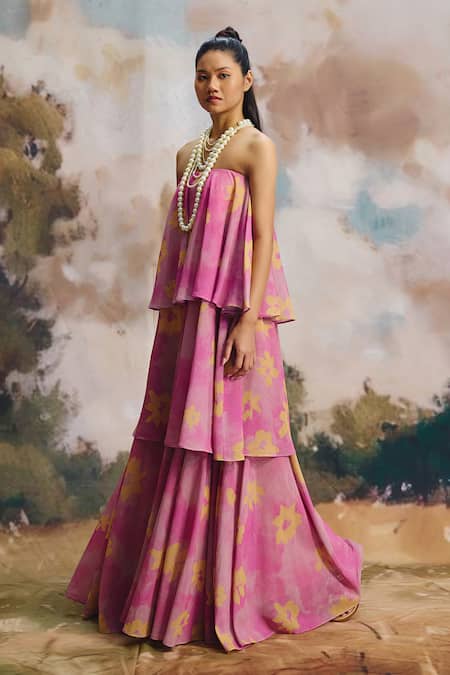 Buy_ZiP by Payal & Zinal_Pink Georgette Bandeau Neck Crystal Canopy Tiered Strapless Dress _Online_at_Aza_Fashions