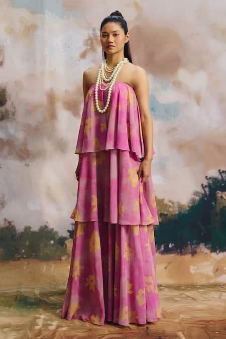 Shop_ZiP by Payal & Zinal_Pink Georgette Bandeau Neck Crystal Canopy Tiered Strapless Dress _Online_at_Aza_Fashions