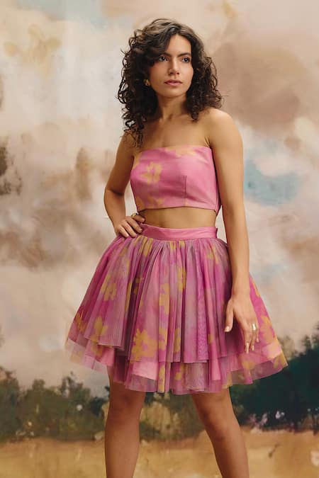 ZiP by Payal & Zinal_Pink Net Bandeau Neck Bubble Wrap Pleated Skirt Set _Online_at_Aza_Fashions