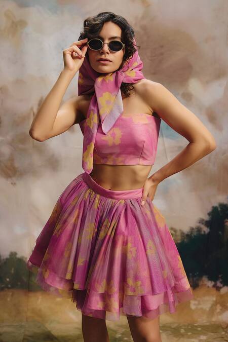 Buy_ZiP by Payal & Zinal_Pink Net Bandeau Neck Bubble Wrap Pleated Skirt Set _Online_at_Aza_Fashions