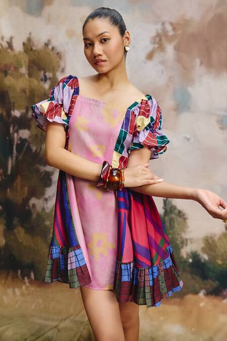 ZiP by Payal & Zinal_Multi Color Linen Square Neck Bud Mini Puffed Sleeve Dress _Online_at_Aza_Fashions
