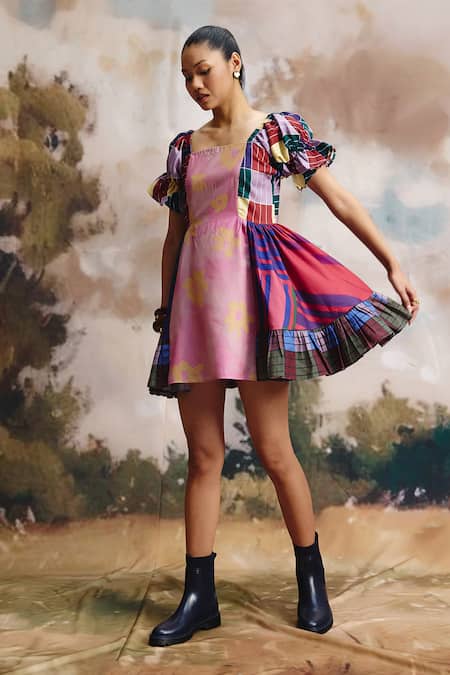 Buy_ZiP by Payal & Zinal_Multi Color Linen Square Neck Bud Mini Puffed Sleeve Dress _Online_at_Aza_Fashions