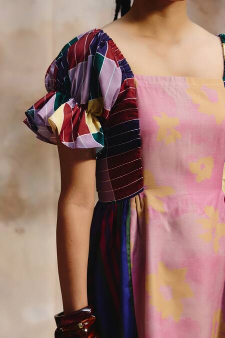 Shop_ZiP by Payal & Zinal_Multi Color Linen Square Neck Bud Mini Puffed Sleeve Dress _Online_at_Aza_Fashions