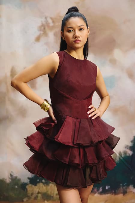 Buy ZiP by Payal & Zinal Burgundy Organza Round Neck Deep Current Tiered Ruffled Dress Online at Aza Fashions Buy_ZiP by Payal & Zinal_Burgundy Organza Round Neck Deep Current Tiered Ruffled Dress _Online_at_Aza_Fashions