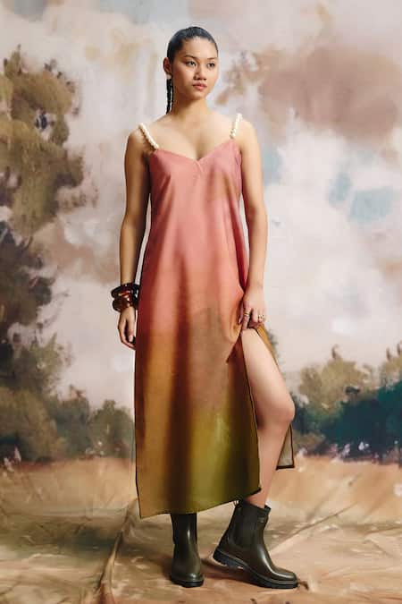 Buy_ZiP by Payal & Zinal_Multi Color Linen Pearls V-neck Terra Ombre Slit Dress _Online_at_Aza_Fashions