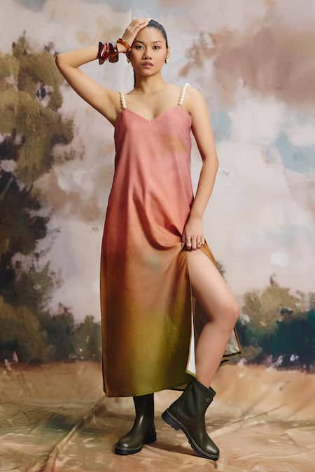 Shop_ZiP by Payal & Zinal_Multi Color Linen Pearls V-neck Terra Ombre Slit Dress _Online_at_Aza_Fashions