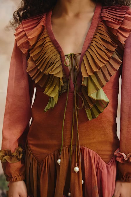 Shop_ZiP by Payal & Zinal_Brown Georgette Ruffles, Pearls V-neck Sundusk Layered Mini Dress _Online_at_Aza_Fashions
