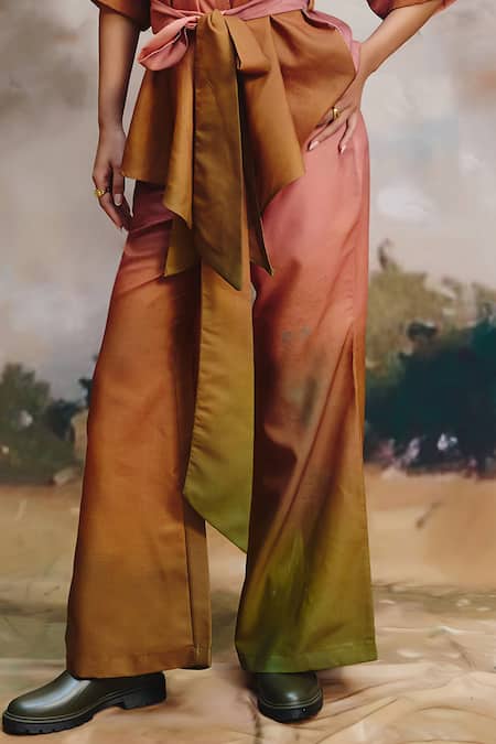 ZiP by Payal & Zinal_Pink Linen V-neck Duskie Top And Pant Set _Online_at_Aza_Fashions