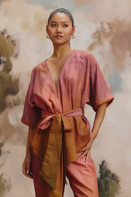 Buy_ZiP by Payal & Zinal_Pink Linen V-neck Duskie Top And Pant Set _Online_at_Aza_Fashions