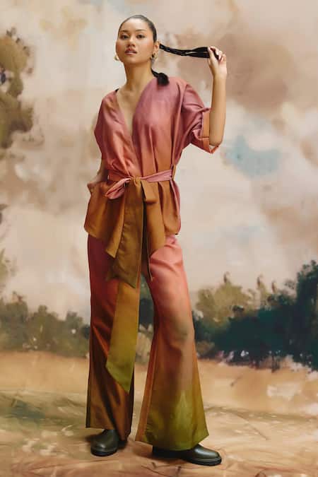 Shop_ZiP by Payal & Zinal_Pink Linen V-neck Duskie Top And Pant Set _Online_at_Aza_Fashions