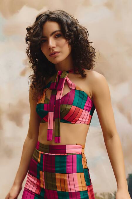 ZiP by Payal & Zinal_Multi Color Linen Halter Neck Mosaic Top And Wide Leg Pant Set _Online_at_Aza_Fashions