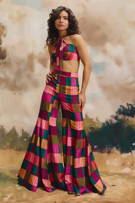 Shop_ZiP by Payal & Zinal_Multi Color Linen Halter Neck Mosaic Top And Wide Leg Pant Set _Online_at_Aza_Fashions
