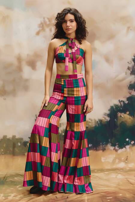 Buy_ZiP by Payal & Zinal_Multi Color Linen Patchwork Mosaic Wide Leg Pant _Online_at_Aza_Fashions