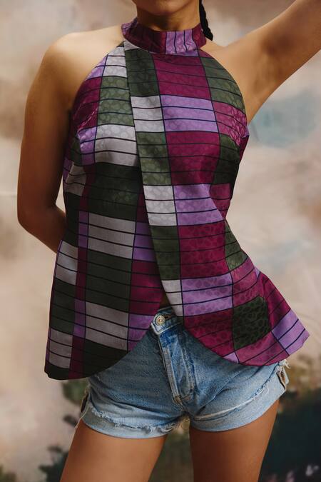 Shop_ZiP by Payal & Zinal_Purple Halter Neck Shell Top And Pant Co-ord Set _Online_at_Aza_Fashions