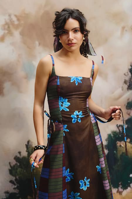 Buy_ZiP by Payal & Zinal_Brown Linen Square Neck Noova Floral Pattern Midi Dress _Online_at_Aza_Fashions