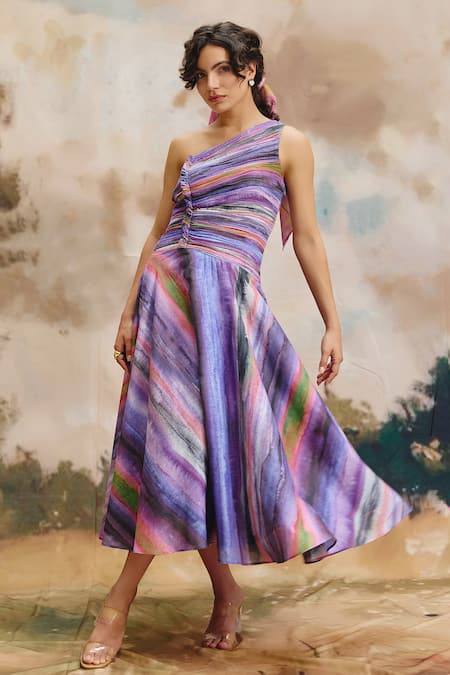 ZiP by Payal & Zinal Orchid Fade One Shoulder Striped Dress 