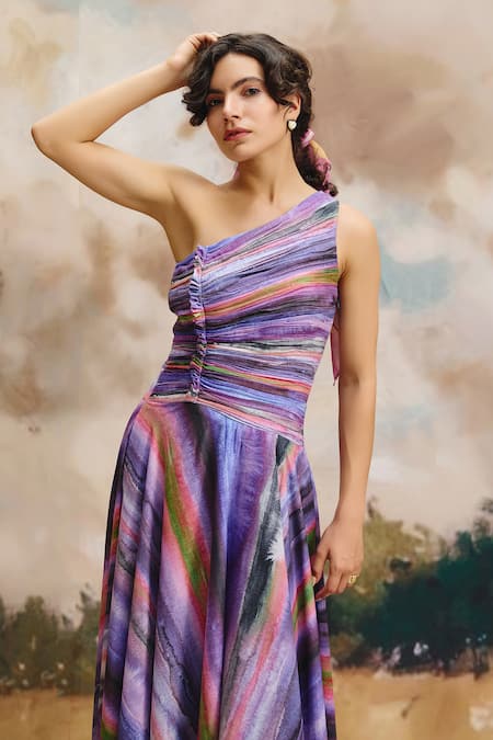 Buy_ZiP by Payal & Zinal_Purple Cotton One Shoulder Orchid Fade Striped Dress _Online_at_Aza_Fashions