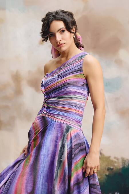 Shop_ZiP by Payal & Zinal_Purple Cotton One Shoulder Orchid Fade Striped Dress _Online_at_Aza_Fashions