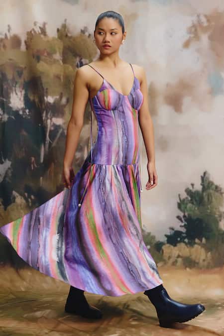 Buy_ZiP by Payal & Zinal_Multi Color Linen Sweetheart Neck Mirage Striped Dress _Online_at_Aza_Fashions